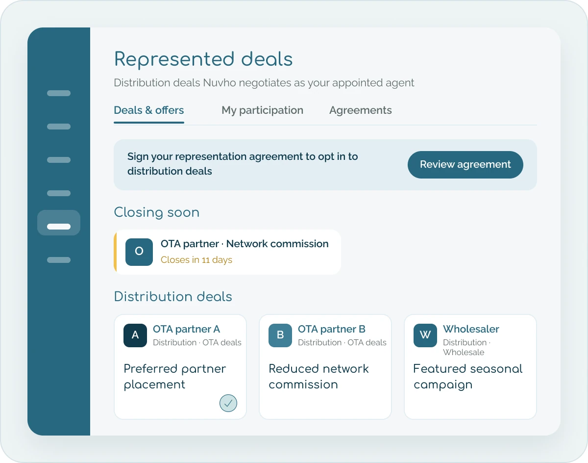 Nuvho Platform Marketplace screen listing represented distribution deals